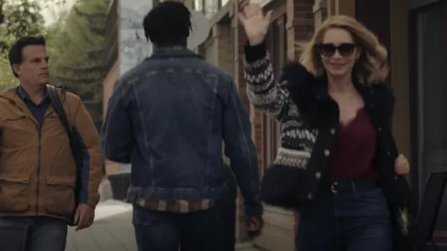 Veronica Beard Nel­way Faux Fur-Trimmed Se­quin-Em­bell­ished Jacket worn by Missy (Sharon Lawrence) as seen in Joe Pickett (S02E01)