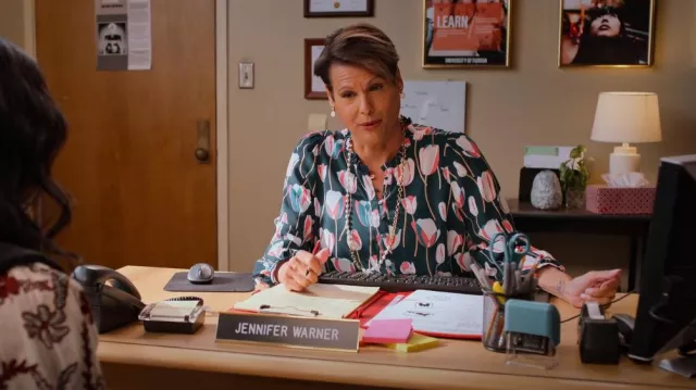 Talbots Tulip Ruffle Trim Popover worn by Ms. Warner (Alexandra Billings) as seen in Never Have I Ever (S04E02)