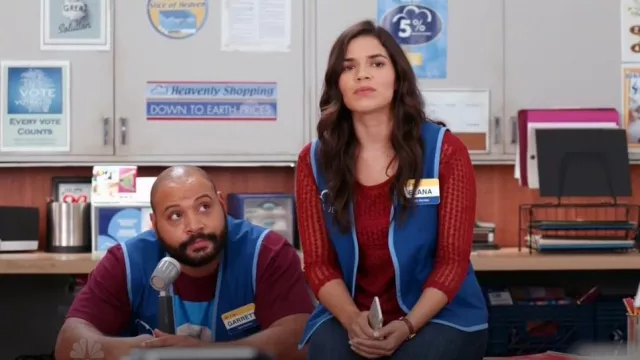 Lucky Brand Maroon Mixed Media Top worn by Amy (America Ferrera) as seen in Superstore (S01E09)