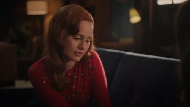 1950s Fly Novelty Sequin Beaded Red Cashmere Cardigan worn by Cheryl Blossom (Madelaine Petsch) as seen in Riverdale (S07E10)