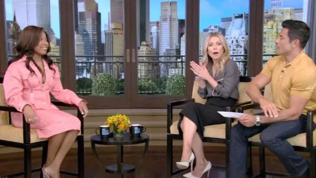 Versace Houndstooth Peplum Jacket worn by Dominique Fishback in LIVE with Kelly and Mark on June 5, 2023