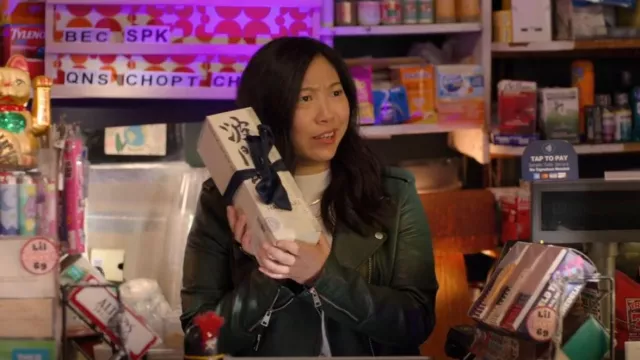 Levi's Faux Leather Belted Motorcycle Jacket worn by Nora (Awkwafina) as seen in Awkwafina is Nora From Queens (S03E07)