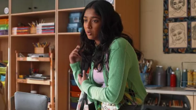 Andersson Bell Green Joy Cardi­gan worn by Devi Vishwakumar (Maitreyi Ramakrishnan) as seen in Never Have I Ever (S04E08)