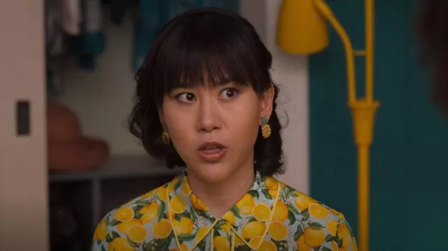 BaubleBar Yellow Rhinestone & Goldtone Pineapple Drop Earrings worn by Eleanor Wong (Ramona Young) as seen in Never Have I Ever (S04E08)