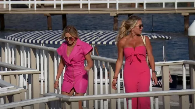 Lulus Ready To Impress Hot Pink Strapless Tie-Front Wide-Leg Jumpsuit worn by Jennifer Pedranti as seen in The Real Housewives of Orange County (S17E02)
