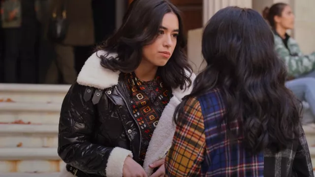 Blank NYC Nylon Quilted and Faux Sherpa Hooded Puffer Jacket worn by Blair (Jade Bender) as seen in Never Have I Ever (S04E05)