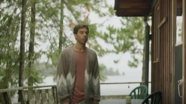 Vigas Plus Chevron Jacquard Cardigan usadas por Justin (Jordan Gavaris) como se ve en El lago (S01E05)