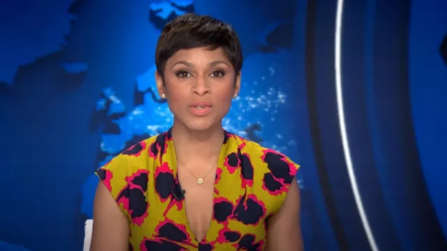 The Fold London Castello Midi Dress Chartreuse Multicolour Silk worn by Jericka Duncan as seen in CBS Evening News on June 19, 2023