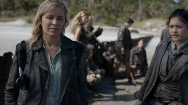 All Saints Cargo Distressed Leather Biker Jacket worn by June Dorie (Jenna Elfman) as seen in Fear the Walking Dead (S08E06)