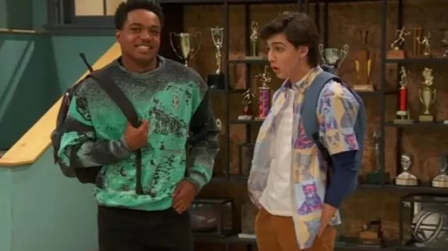 Asos Cat Print Short Sleeve Over­size But­ton-Up Shirt worn by Neil (Felix Avitia) as seen in Raven's Home (S06E09)