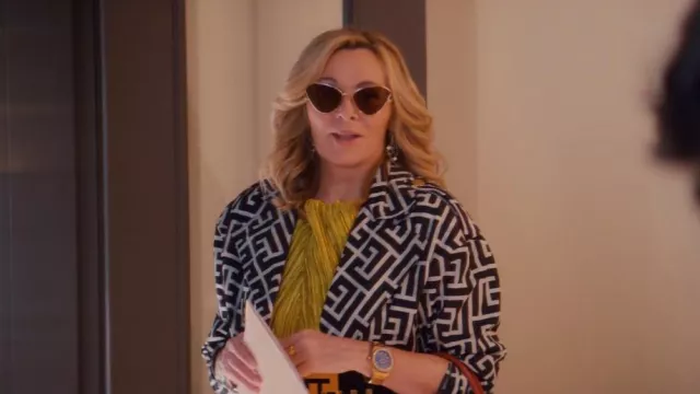 Balmain Monogram-Pattern Balloon-Sleeve Jacket worn by Madolyn Addison (Kim Cattrall) as seen in Glamorous (S01E08)
