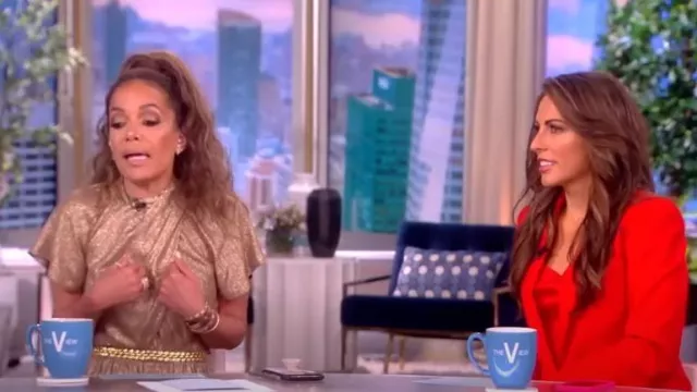 St. John Metallic Wrap Bodice Midi Dress worn by Sunny Hostin as seen in The View on June 27, 2023