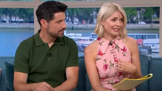 LK Bennett Flori Pink Poppy Print Silk Cutaway Dress worn by Holly Willoughby as seen in This Morning on July 5, 2023