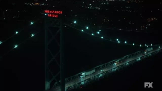 Ambassador Bridge of the Detroit River as seen in Justified: City Primeval (Season 1)