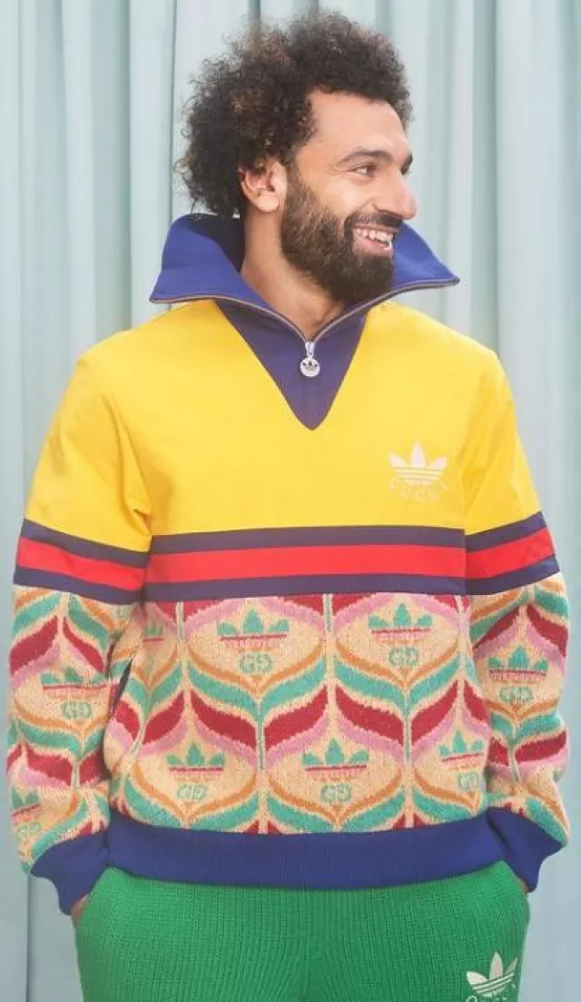 Gucci x Adidas Yellow & Multicolor Half Zip Jacket worn by Mohamed Salah on the Instagram account @mosalah