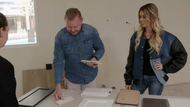 Eb Denim Var­si­ty Jack­et worn by Christina El Moussa as seen in Christina on the Coast (S05E06)
