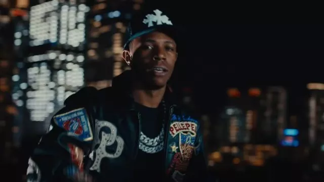 Chrome Hearts Black & White Cemetery Cross Trucker Hat worn by A Boogie wit da Hoodie in Flyest in The City (Official Music Video) by King Combs feat. A Boogie Wit da Hoodie, Fabolous & Jeremih Video)