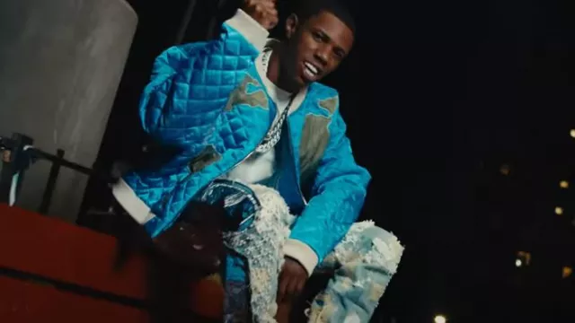 Who Decides War Blue & White Lace Wave Stained Glass Jeans worn by A Boogie wit da Hoodie in Flyest in The City (Official Music Video) by King Combs feat. A Boogie Wit da Hoodie, Fabolous & Jeremih