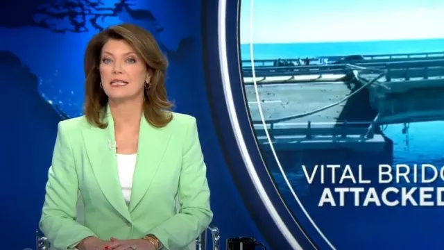 Scanlan Theodore Tailored Italian Jacket worn by Norah O'Donnell as seen in CBS Evening News on July 17, 2023