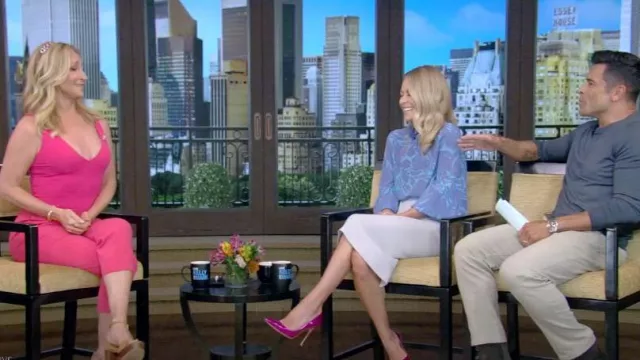 Pink House Mustique Silk Kelly Blouse worn by Kelly Ripa as seen in LIVE with Kelly and Mark on July 17, 2023