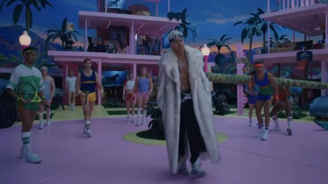 Long white fur coat worn by Ken (Ryan Gosling) in Barbie movie wardrobe