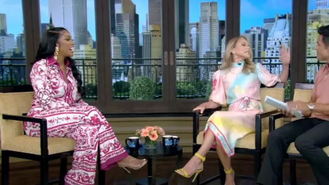 Dolce And Gabbana Majolica-Print Flare-Leg Lycra Pants worn by Porsha Williams as seen in LIVE with Kelly and Mark on  July 24, 2023