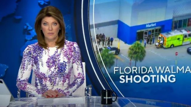 Dolce & Gabbana Wisteria-Print Long-Sleeved Crepe Dress worn by Norah O'Donnell as seen in CBS Evening News on July 19, 2023