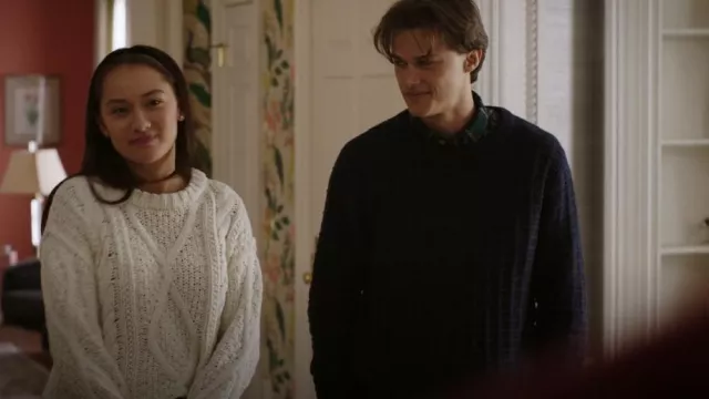 J.Crew Men's Checkered Stitch Cotton Crewneck Sweater Navy worn by Conrad (Christopher Briney) as seen in The Summer I Turned Pretty (S02E05)