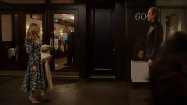 Christian Siriano Victorian Blue Floral Puff Shoulder Tea Length Dress worn by Carrie Bradshaw (Sarah Jessica Parker) as seen in And Just Like That… (S02E07)