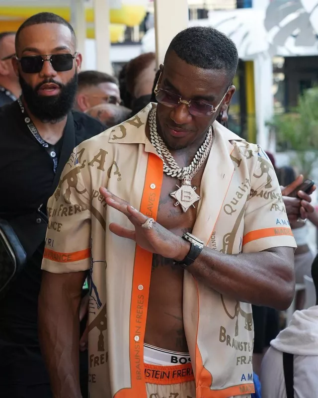 Amiri x Zig Zag Beige & Orange Silk Shirt worn by Bugzy Malone on the Instagram account @thebugzymalone
