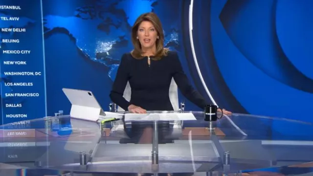 Scanlan Theodore Crepe Knit Ruffle Jacket worn by Norah O'Donnell as seen in CBS Evening News on August 3, 2023