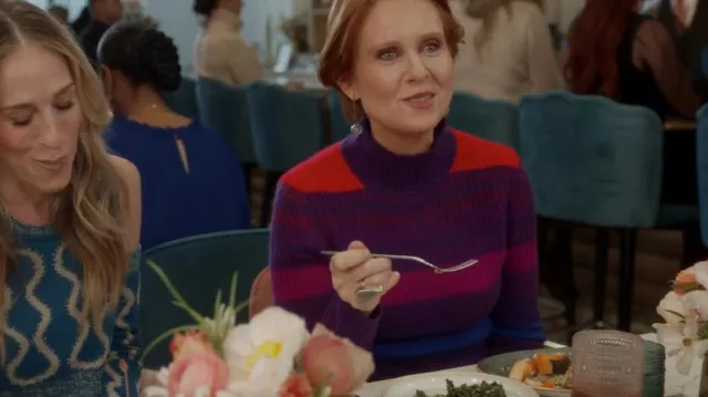 The Elder Statesman Pur­ple Night­fall Turtle­neck worn by Miranda Hobbes (Cynthia Nixon) as seen in And Just Like That… (S02E08)