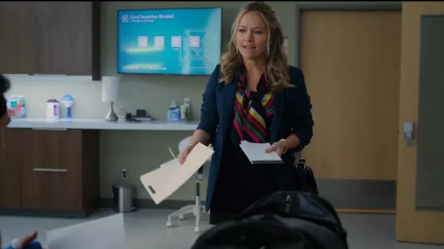 Alice+Olivia Chevron Stripe Pussy Bow Blouse worn by Lorna Crane (Becki Newton) as seen in The Lincoln Lawyer (S02E06)