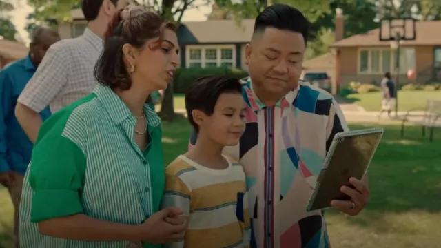 Topman Revere Shirt In Geo Swirl Print worn by Andrew Pham (Andrew Phung) as seen in Run The Burbs (S02E01)