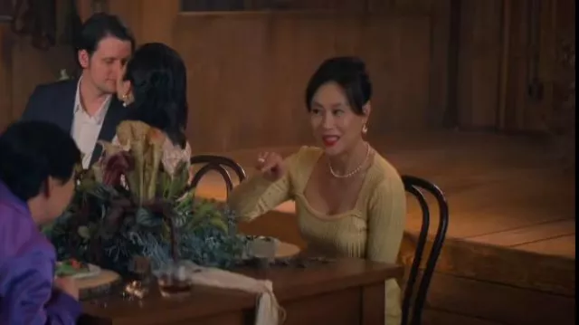 Hervé Léger Foil Sweet­heart Top worn by Vivian (Vivian Wu) as seen in The Afterparty (S02E04)