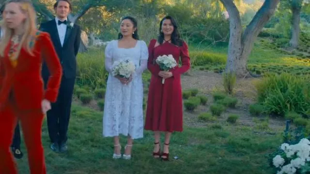 Jimmy Choo Heloise 120MM Velvet Platform Sandals worn by Zoë (Zoë Chao) as seen in The Afterparty (S02E04)