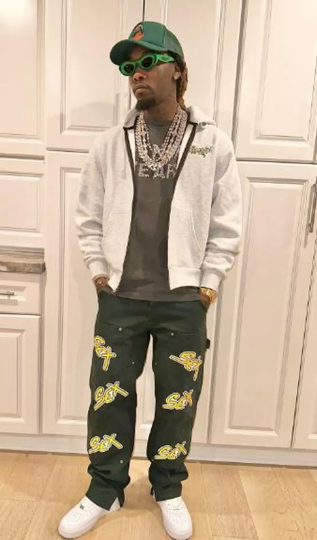 Denim Tears Black Crys­tal Trim Lo­go T Shirt worn by Offset on the Instagram account @offsetyrn