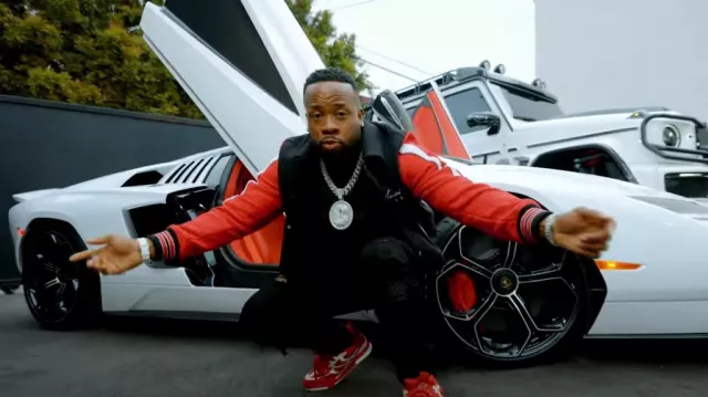 Amiri Black & Red Skeleton Varsity Jacket worn by Yo Gotti in Pop My Shit
