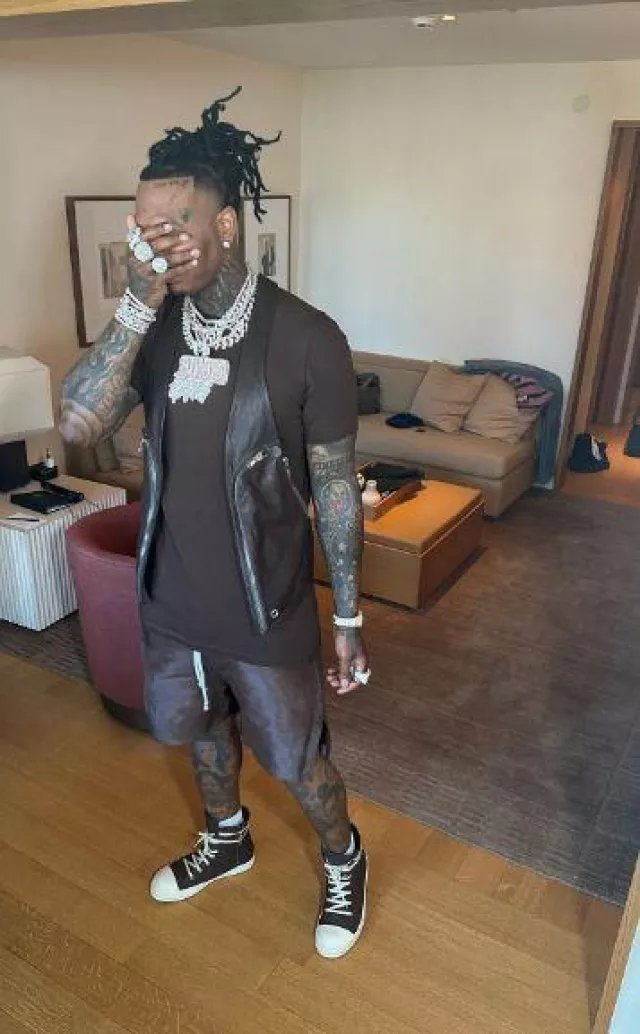 Rick Owens Brown Nubuck High Top Sneakers worn by Moneybagg Yo on the Instagram account @moneybaggyo