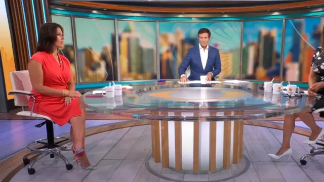 Maggy London Wrap Front Sheath Dress In Bittersweet worn by Dana Jacobson as seen in CBS Mornings on August 13, 2023