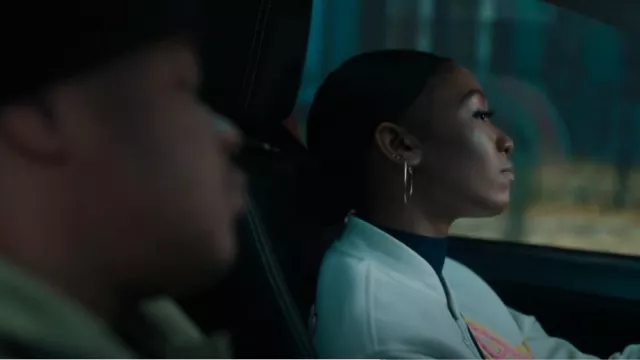 Azalea Wang Embroidered Patch Bomber Jacket worn by Kenya (Kennedy Amaya) as seen in The Chi (S06E02)