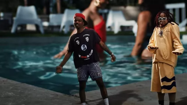 Paly Black Elvis King Is Alive T Shirt worn by Roddy Ricch in Closed Doors (Music Video) with Trippie Redd