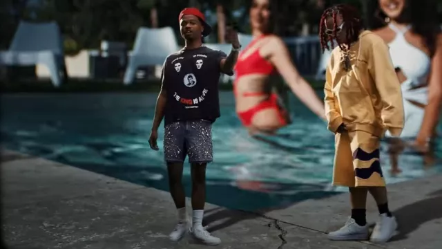 Gucci Blue Stud Embellished Denim Shorts worn by Roddy Ricch in Closed Doors (Music Video) with Trippie Redd