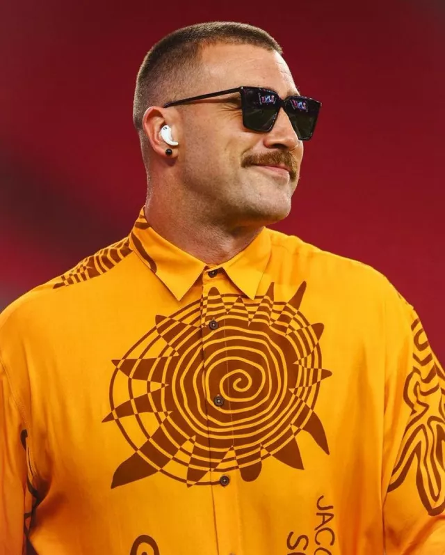 Jacquemus Orange & Brown Sun Spiral Shirt worn by Travis Kelce on the Instagram account @killatrav