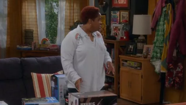 Torrid Lizzie Rayon Twill Embroidered Button Up Long Sleeve Shirt worn by Ella (Dominique Witten) as seen in The Upshaws (S04E03)