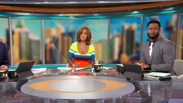 Christopher John Rogers Striped Elbow-Sleeve Knit Midi Dress worn by Gayle King as seen in CBS Mornings on  August 23, 2023