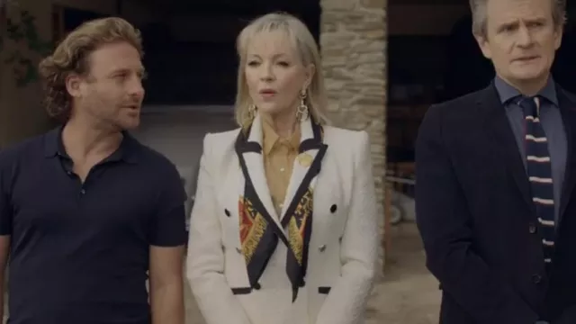 Zara Topstitched Double Breasted Blazer in Ecru Tweed worn by Daisy (Rebecca Gibney) as seen in Under the Vines (S02E03)