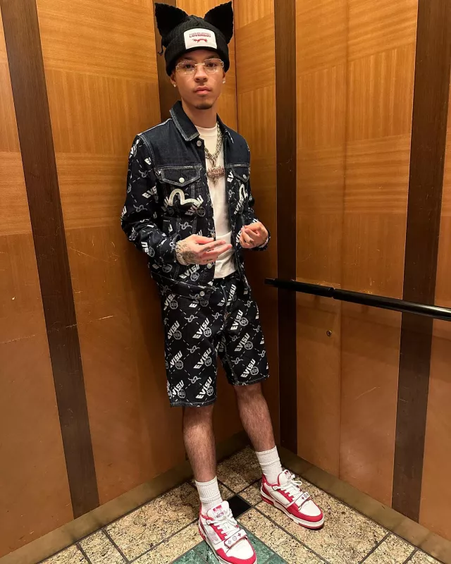 Evisu Deep Blue Double Monogram Denim Jacket worn by Lil Mosey on his Instagram account @lilmosey