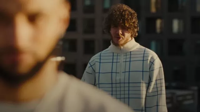 Jacquemus White & Blue Check Quarter Zip worn by Jack Harlow in Denver [Official Music Video]