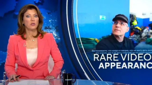 Alexander McQueen One-Button Jacket in Coral worn by Norah O'Donnell as seen in CBS Evening News on August 29, 2023